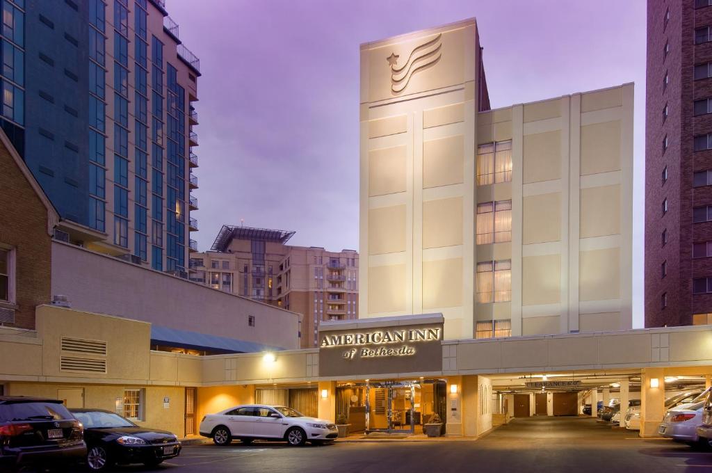 Hotel exterior at dusk